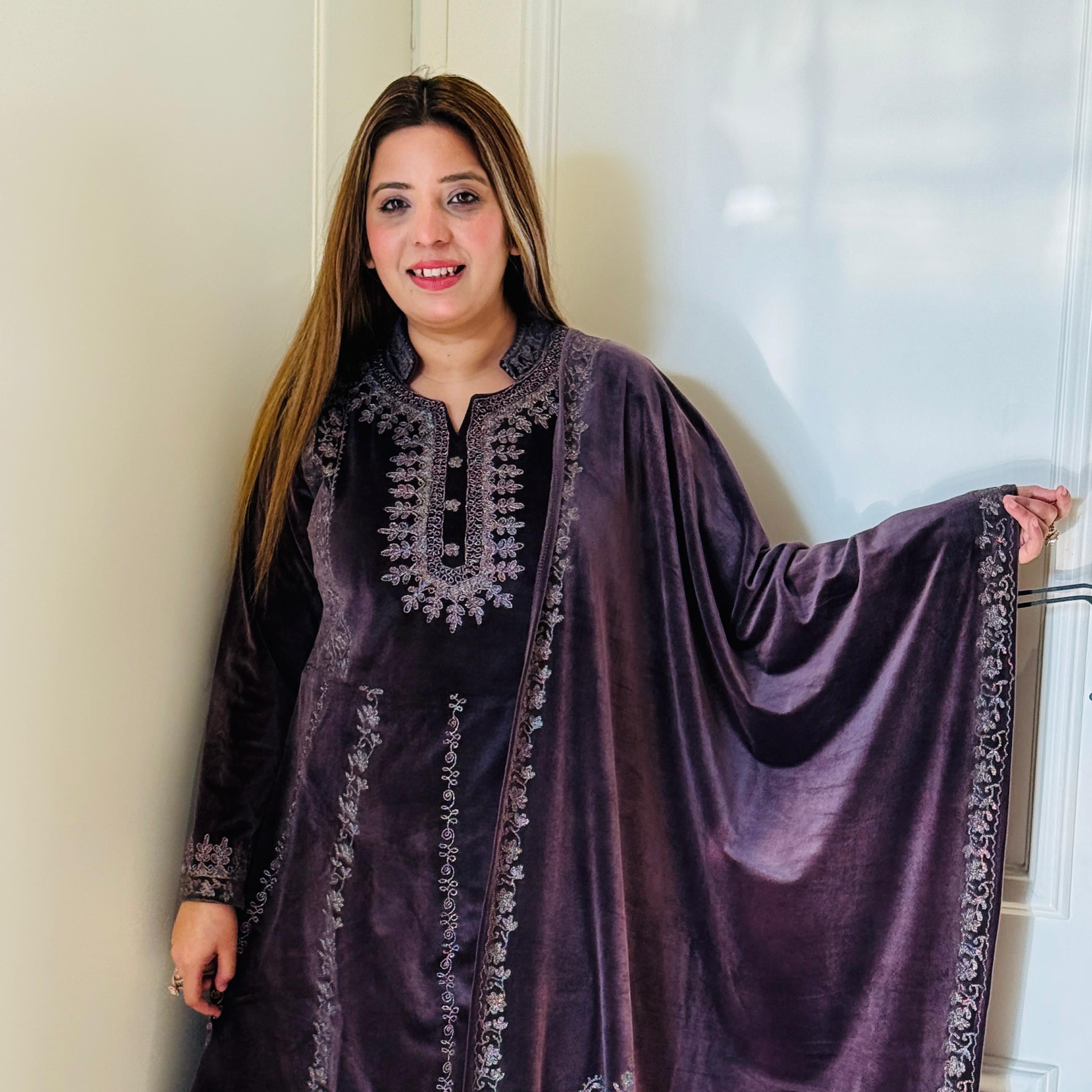 Purple Velvet Premium Soft Anarkali with Machine Work & Dupatta